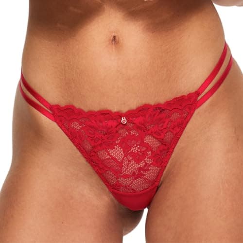 Image of Ann Summers Sexy Lace String Womens Underwear with Strappy Waistband and Centre Charm Delicate Floral Lace Thong, Stylish and Comfortable G String for Minimal Lines Red - Womens Lingerie