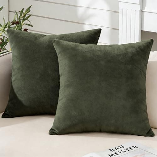 Image of Soifox Pack of 2 Velvet Cushion Covers Olive Green Decorative Square Throw Pillow Covers Pillowcases 40x40 cm 16x16 Inch Cushion Case Home Decor Pillow Cases for Couch Sofa Living Room Bed