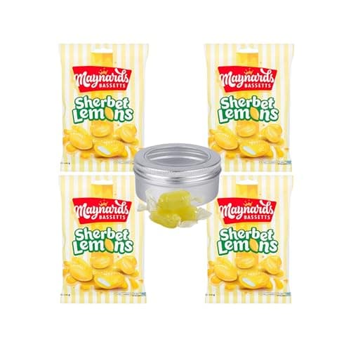 Image of Maynards Sherbet Lemons Sweets 4 Bags x 192g (768g) Bundle with TinTastic Silver Refillable Window Lid Travel Tin