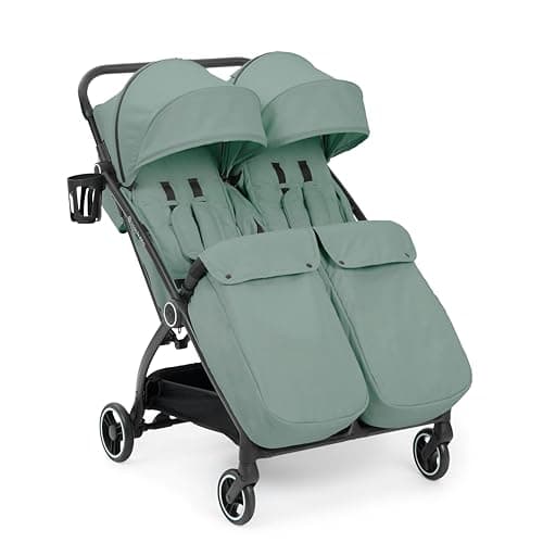 Image of Ickle Bubba Aries Double Max Auto-Fold Stroller (Sage Green) – Slim & Lightweight 10.5kg Twin Pushchair, One-Hand Fold, Adjustable Seats, Ventilated Sun Visors, Raincover, Footwarmers & Cupholder