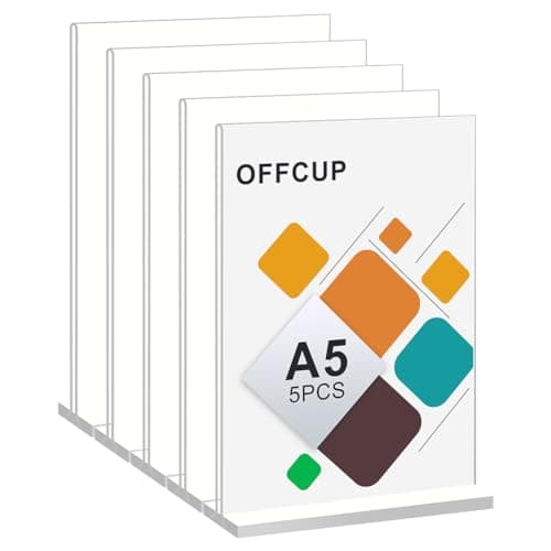 Image of OFFCUP A5 Acrylic Sign Holder, 5pcs Poster Menu Holder, Perspex Display Stand T-Shape Double Sided Display Stands for Office, Restaurant, Hotel, Promotions, Photo, Documents Display Stand Holders