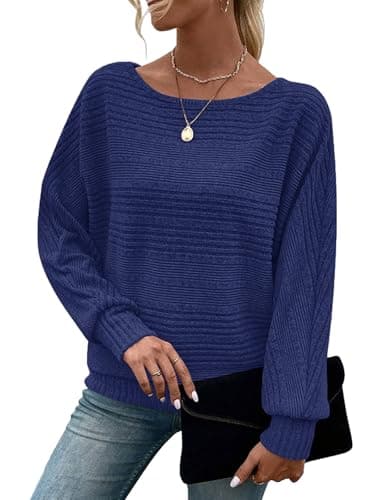 Image of Gemulate Cozy Jumper for Women Autumn Lightweight Ladies Batwing Tops Long Sleeve Boat Neck Striped Knit Sweater Casual Pullover Navy Blue L
