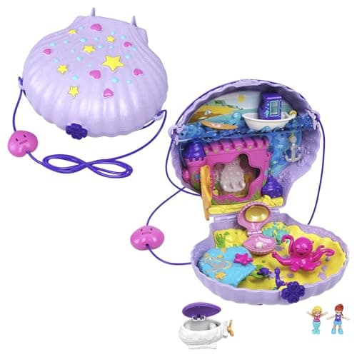 Image of Polly Pocket Micro, Tiny Power Seashell Purse Playset, Purple Shell Purse, Mermaid Theme, 2 Dolls, Toys for Ages 4 and Up, One Playset, GNH11
