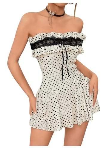 Image of GORGLITTER Women's Polka Dots A Line Ruffle Mini Tube Dresses Strapless Flared Lace Frill Trim Coquette Dress White Medium