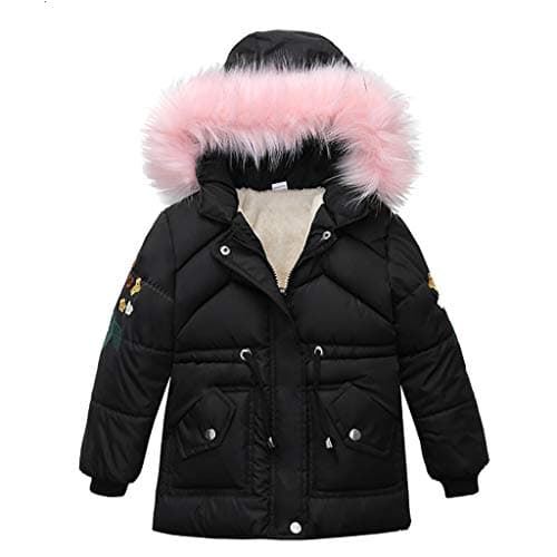 Image of Kids Little Girls Winter Coat Floral Embroidery Hooded Windproof Jacket Faux Fur Collar Warm Thick Parka Padded Coats Toddler Girls' jackets Outerwear Black 6-7 Years