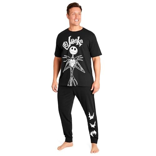 Image of Disney Mens Pyjamas Jack Skellington Donald Duck Grumpy Men's Nightwear Set T-Shirt Long Bottoms PJs M-3XL Loungewear (Black Jack, 2XL)