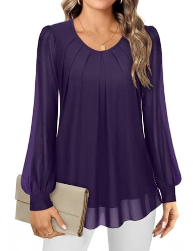 Image of Gemulate Tops for Women UK Ladies Long Sleeve Tops Chiffon Blouses for Women UK Elegant Loose Flowy Crew Neck Tunic Top Plus Size Dark Purple XXXL