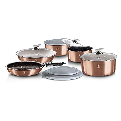 Image of 12 Pcs Colorful Space Saving Cookware Frying Pan Sauce Pan Casserole Pot Set Induction Lid Handles (Rose Gold)