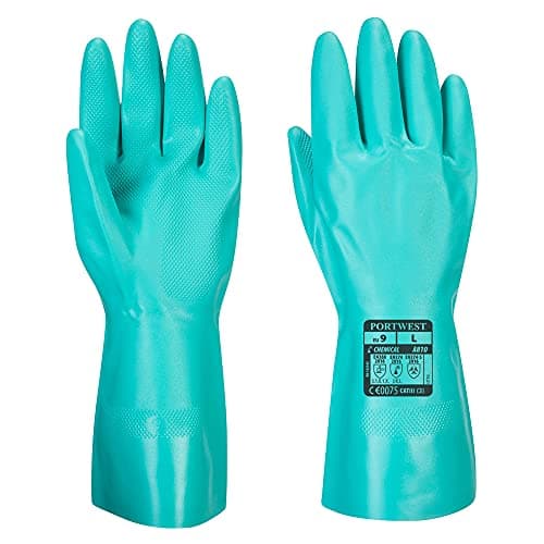 Image of Portwest A810 Chem 320 Nitrile Gauntlet Chemical Resistant Gloves Long Cuff Flock Lined Rubber Gauntlets Oil Fuel Acid Alkali Resistant Mens Work Safety Gloves Industrial Chemical Handling, Green, M