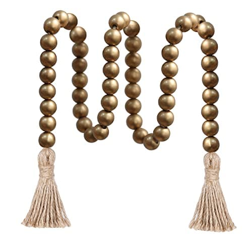 Image of Meplait 39in Wood Bead Garland with Tassels, Farmhouse Rustic Decor Prayer Beads Boho Tassel Garland Wall Hanging Home Decor (Gold)