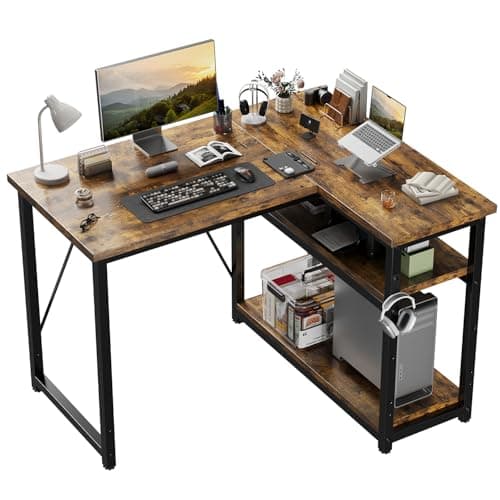 Image of JUMMICO Small L Shaped Desk 100x80cm with Storage, Corner Computer Desk with Reversible Shelf, Sturdy Office Desk & Workstations for Home Office,Home Office Work Table Brown