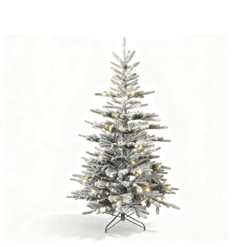Image of 7Ft/2.1m Luxury Pre Lit Snow Flocked Christmas Tree Snow Covered Green Tips Hinged Branches Bushy Artificial Xmas Tree Home Snowy Decorations Warm White LEDs Lights