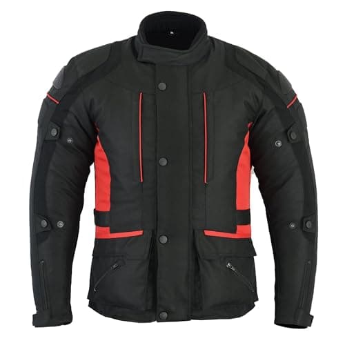 Image of Sterling Sports Mens Black/Grey Black/Red Black/High Viz Textile Motorcycle Motorbike Jacket Waterproof CE Armoured (UK, Alpha, XL, Regular, Regular, Black Red)