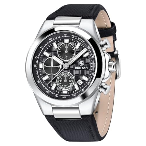 Image of BENYAR Quartz Movement Chronograph 30 m Waterproof Luminous Date Classic Leather Strap Men's Watches(Silver Black)