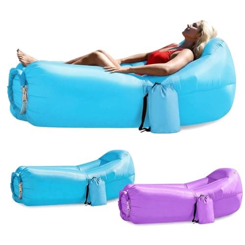 Image of Kenmohuo Inflatable Sun Air Lounger, Portable Blow Up Sofa Bed for Beach Camping Garden, Waterproof Anti-Leak Inflatable Chair Couch Sunbed for Outdoor Travel Picnics Pool (Blue)