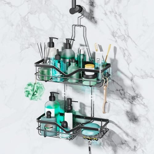 Image of SWTYMIKI Rust-Resistant Hanging Shower Caddy - 2-Tier Bathroom Organizer Shelf with Razor Holder, Soap Dish & Multiple Hooks | Includes 3 Screw Adhesives (Black)