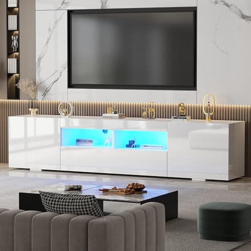 Image of BSTSEL 200CM White/Black High Gloss TV Stand Cabinet Entertainment Unit with LED Lights Free Standing TV Cabinet with Storage for Living Room up to 75" TV (White High Gloss)