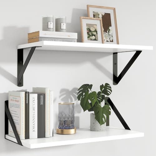 Image of Feihorrm Floating Shelves Set of 2, 40 x 20 cm Deep Shelves for Wall, White Wooden Book Shelf with Metal Brackets, Shelf for Living Room Bedroom Kitchen Bathroom Office