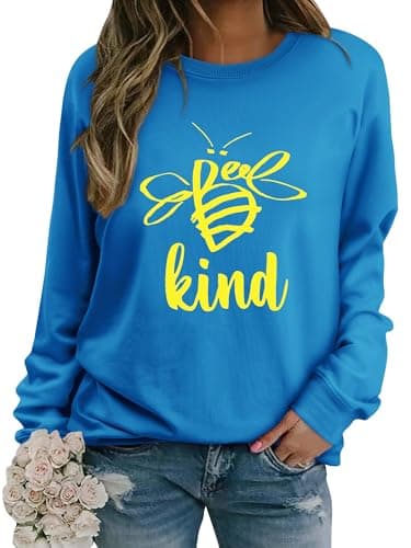 Image of WIEIYM Women's Sweatshirts Be Kind Sweatshirt Cute Bee Graphic Crewneck Sweatshirt Funny Long Sleeve Tops Basic Pullover for Spring Autumn Winter Blue