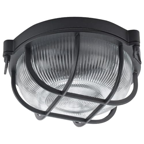 Image of Matt Black & Ribbed Glass Outdoor Vintage Round Flush Bulkhead Wall Light | 27cm Diameter | IP44 Rated | 1 x ES E27 Lamp Bulb Required | Bathroom Use | UK Approved | Low Profile Height Only 11cm