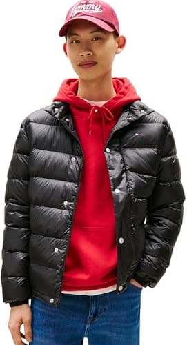 Image of Tommy Jeans Men’s Light Down Puffer Jacket with Button Placket, Black (Black), XXL
