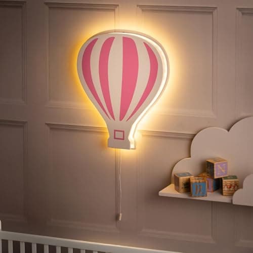Image of Marco Paul Pink Hot Air Balloon Wooden White LED Night Light Battery Powered Night Light Kids Room Decor Wall Lights Wall Mounted Nursery Bedside Lamp Baby Gifts Bedroom Decor Lighting