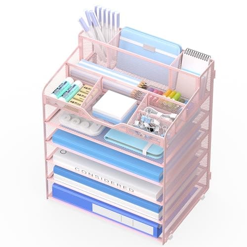 Image of OrgMate 6 Tier Mesh Desk Organizer,Multi Functional Letter Paper Tray with 3 Pen Holders and 5 Adjustable Storage Compartments for Office Supplies Files and Mail Space Saving Desktop Organizer-Pink