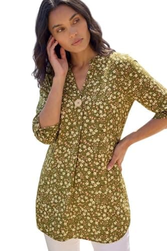 Image of Roman Originals Shirt for Women UK Ladies Longline Top Collarless Blouse Smart Tunic Casual Evening Relaxed Fit 3/4 Length Sleeve Notch V Neck Long - Floral Khaki Gold - Size 14