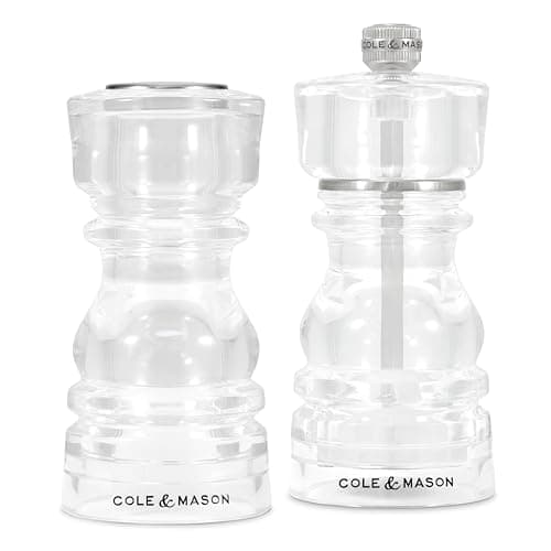 Image of Cole & Mason London Salt Shaker and Pepper Mill Set, 13cm, Refillable Acrylic Seasoning Set, Adjustable Coarseness Pepper Grinder
