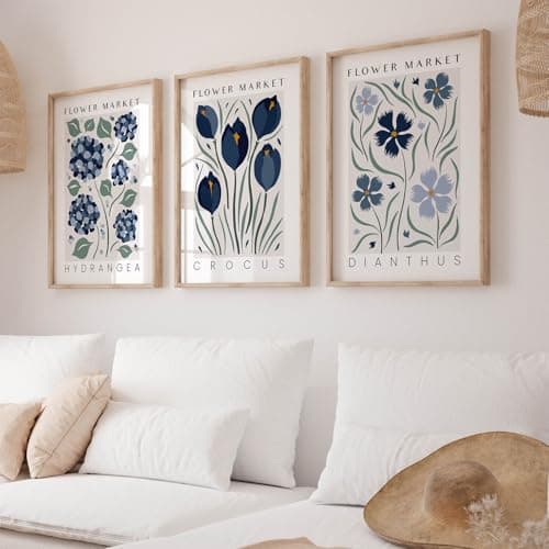 Image of Set of 3 Boho Blue Flowers Canvas Paintings, Modern Abstract Art Wall Pictures, Vintage Pictures Decoration for Living Room or Bedroom - Frameless (50 x 70 cm)