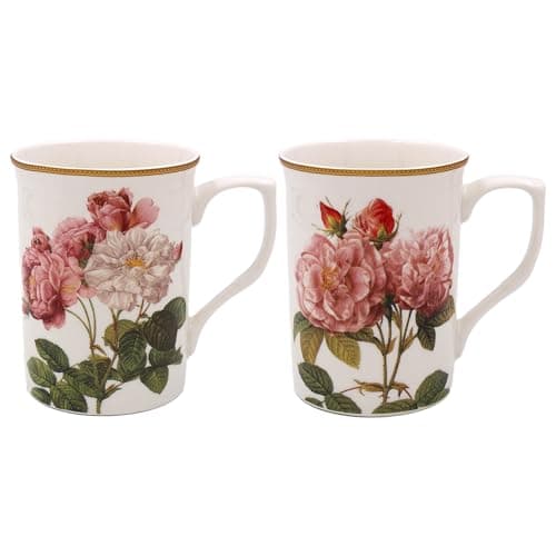 Image of The Leonardo Collection Redoute Rose Mugs Set of 2 Pierre-Joseph Redoute, Tea and Coffee Mug for Hot Drinks | Fine China Printed Mugs for Kitchen & Home | Reusable Ceramic Cups for Every Occasion