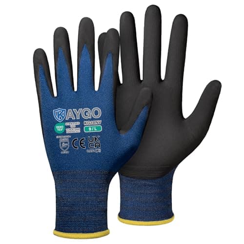 Image of KAYGO Micro Foam Nitrile Coated Work Gloves 3 Pairs, Nylon Liner, Breathable and Flexible, Light Oil Grip, for Warehouse, Construction, DIY, Auto Repair, KG18N (Large, Navy Blue)