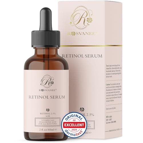 Image of ROSVANEE Dermatologist Tested Retinol Serum for Face Big 2 oz, with 2.5% Retinol, Hyaluronic Acid, Vitamin C & E, Anti Aging Facial Serum for Skin Repair, Acne, Scar, Dark Spot, Fine Line and Wrinkles