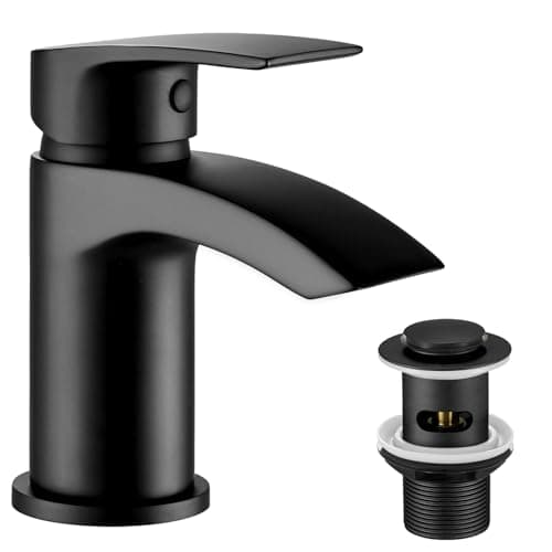 Image of Funime Basin Taps Mixers Waterfall Black with Slotted Pop-up Waste Bathroom Sink Mixer Tap Mono 1 Hole Single Lever Modern with G1/2'' Hoses Round Cloakroom Taps Hot and Cold Water Mixer