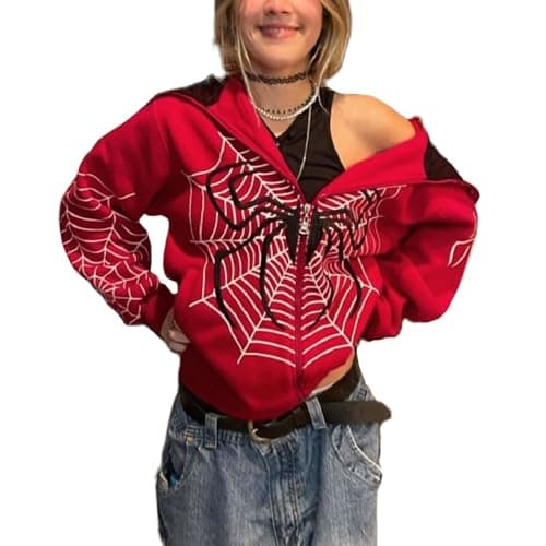 Image of Asadovce Women Men Zip Up Y2k Oversized Hoodie Spider Graphic Full Zipper Sweatshirt Teen Girls Grunge Streetwear Jacket, T Spider Red, XL