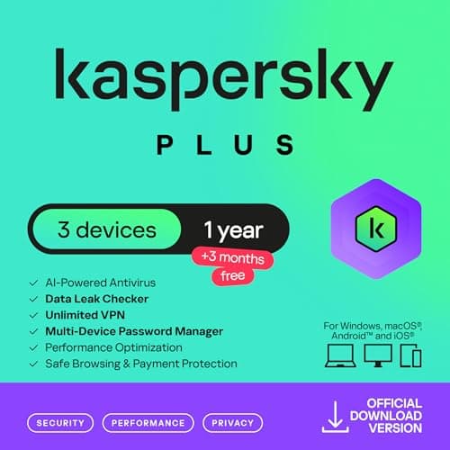 Image of Kaspersky Plus Internet Security 2026 | 3 Device | 1 Year +3 Months Free | AI Powered Anti-Virus | Safe Browsing | Anti-Phishing | Unlimited VPN | Password Manager | PC/Mac/Mobile