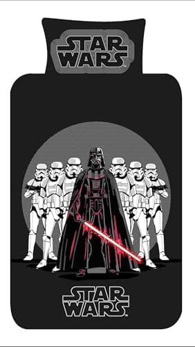 Image of Disney Star Wars Single Duvet Cover & Pillowcase Set – Reversible Bedding with Darth Vader & Stormtroopers – Official Boys Kids Polycotton Bed Linen – Black & Grey – 135x200cm (SINGLE)