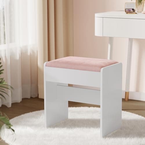 Image of VASAGLE Dressing Table Stool, Upholstered Makeup Stool, Velvet Vanity Stool, Footrest with Anti-Slip Pads, for Dressing Room, Bedroom, Entryway, Matte White and Jelly Pink RDS001W02