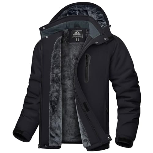 Image of KEFITEVD Mens Winter Waterproof Jacket with Hood Fleece Ski Jacket Warm Outdoor Windproof Sport Jackets Multi-Pockets Black XL