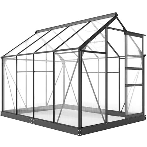 Image of Outsunny 6 x 8ft Polycarbonate Greenhouse, Large Walk in Green House with Slide Door and Window, Garden Plants Grow House with Aluminium Frame and Foundation, Grey