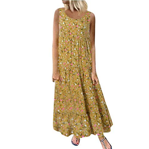 Image of Women's Cotton Linen Dress Floral Maxi Long Dress Casual Sleeveless Crewneck A Line Dress Plus Size Swing Dress Vintage Bohemian Loose Dresses Pageant Prom Ball Gowns Cocktail Dresses UK Size