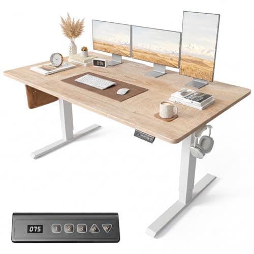 Image of FEZIBO Electric Height Adjustable Standing Desk with digital display control panel, 80x160cm Ergonomic Home Office Table for sit stand with 4 pices Splice Board & Oak Wood Grain Surface