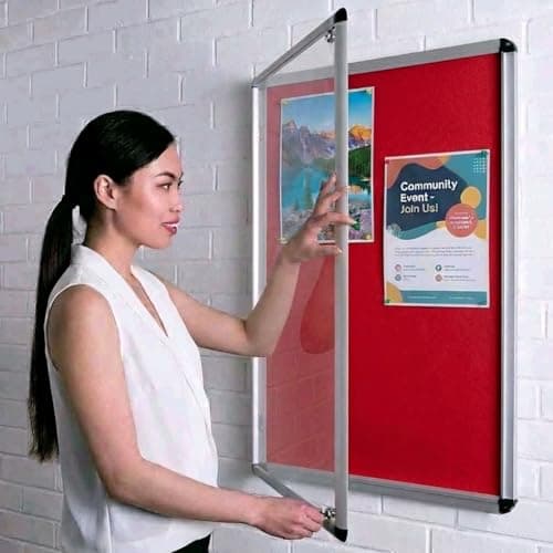 Image of Wonderwall Classic Tamperproof Lockable Red Felt Noticeboard, 90 x 60 cm, Aluminium Frame with 2 Safety Locks - Wall Mounted- Ideal for Indoor Message Display, Office, School,