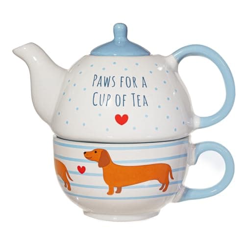 Image of Sass & Belle Sausage Dog Tea for One - Porcelain Teapot Set with Mug Cute Dachshund Design Afternoon Tea Set Gift for Mum, Kitchen Accessory Designed by Sass and Belle