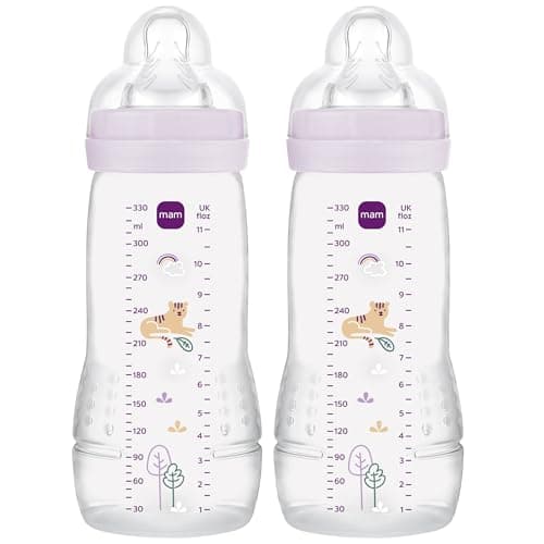 Image of MAM Easy Active Bottles | 2 Pack (2 x 330ml) | Fast Flow MAM Teats Size 3 | Baby Accessories | Lilac (Various Designs)