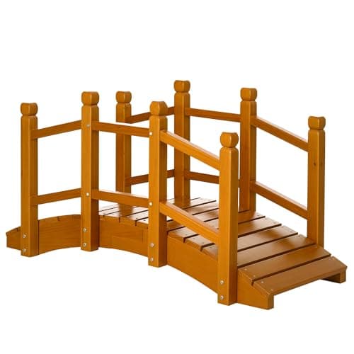 Image of Outsunny Wooden Garden Bridge with Safety Railings, Arc Footbridge for Pond Backyard Stream, Brown