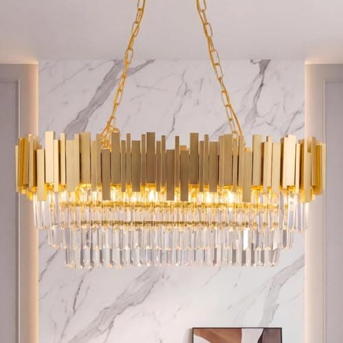 Image of MSSIAN Oval Gold Crystal Chandelier, Modern European Aluminium Ceiling Light, 80CM E14 Dimmable Hanging Pendant Light, Ceiling Light for Living Room Dining Room Hallway Entryway
