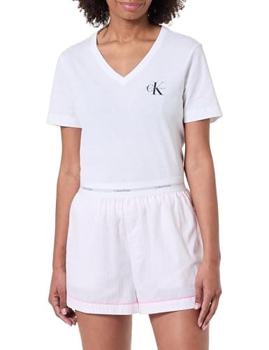 Image of Calvin Klein Women's V DAY POPLIN SHORT LV00QS7573 Sleep Bottom, White (19842 ECHO STRIPE+WHITE/PINK ESSENC), S