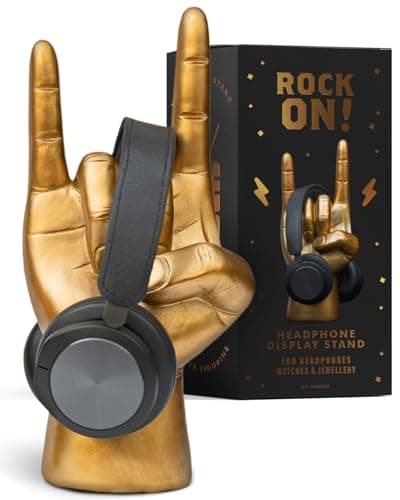 Image of Luckies Headphone Stand | Headphone Holder | Rock On Hand | Headset Stand | Mens Jewellery Holder | Mens Desk Accessories | Controller Holders | Guitar Accessories | Desk Tidy | Dad Rock Gifts | Gold