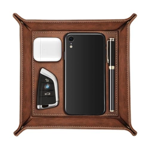 Image of SITHON Valet Tray, Premium PU Leather Desktop Storage Organizer for Remote, Keys, Phone, Wallet, Jewelry, and More – Nightstand & Vanity Caddy (Brown)